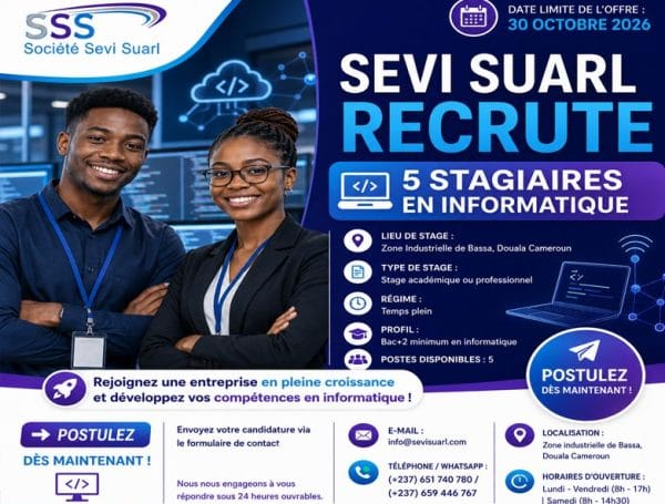 SEVI SUARL recrute cinq stagiaires en informatique — H/F
