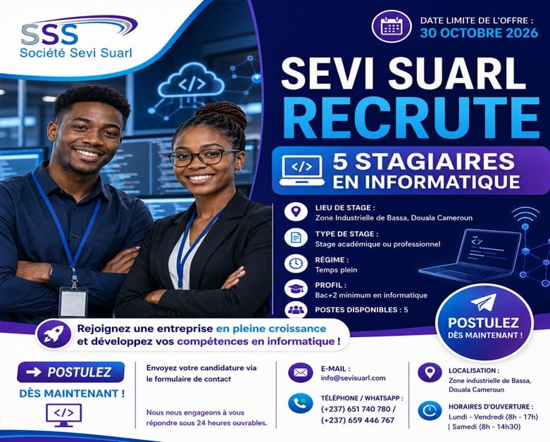 SEVI SUARL recrute cinq stagiaires en informatique — H/F